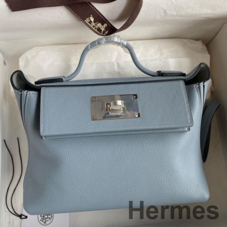 Hermes 24/24 Mini 21 Handmade Bag in Blue Lin Evercolor Leather