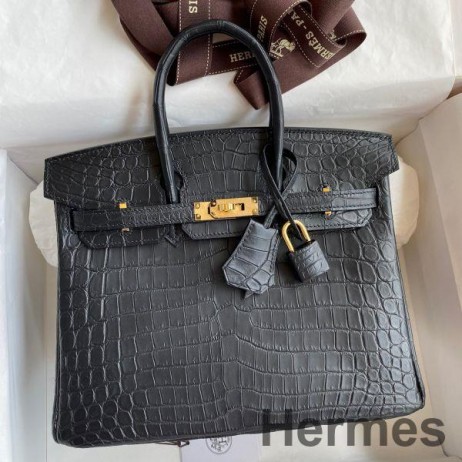 Hermes Birkin 25 Handmade Bag In Black Crocodile Niloticus Matte Skin