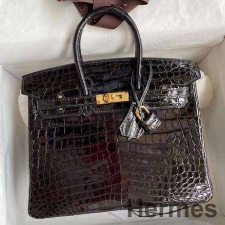Hermes Birkin 25 Handmade Bag In Black Crocodile Niloticus Shiny Skin