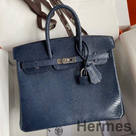 Hermes Birkin 25 Retourne Handmade Bag In Blue Saphir Lizard Leather