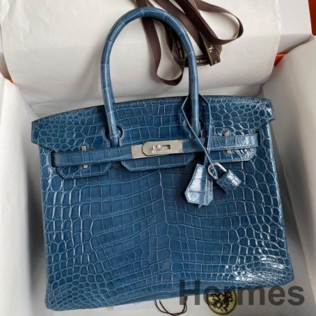 Hermes Birkin 30 Handmade Bag In Blue Tempete Crocodile Niloticus Shiny Skin