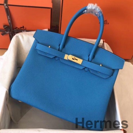 Hermes Birkin 30 Handmade Bag In Blue Zanzibar Clemence Leather