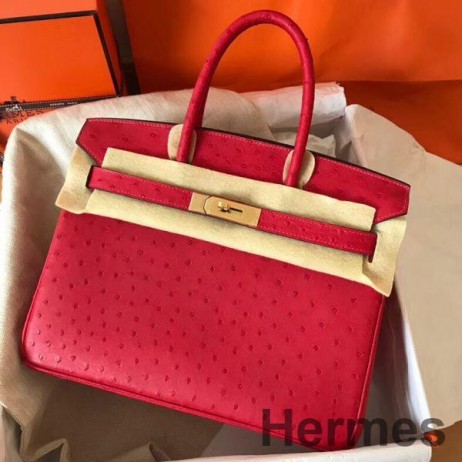 Hermes Birkin 30 Handmade Bag In Red Ostrich Skin