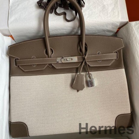 Hermes Birkin 35 Handmade Bag In Toile & Taupe Clemence Leather