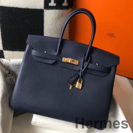 Hermes Birkin 35cm Bag In Dark Blue Clemence Leather GHW