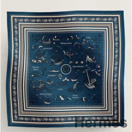 Hermes Blue Tatouages Marins Bandana Shawl 140