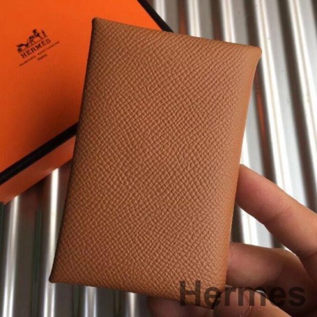 Hermes Calvi Card Holder In Gold Epsom Leather