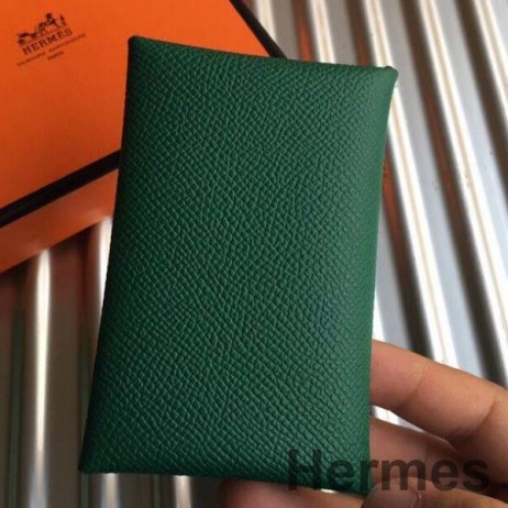 Hermes Calvi Card Holder In Green Epsom Leather