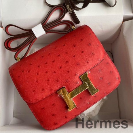 Hermes Constance 18 Handmade Bag In Red Ostrich Leather