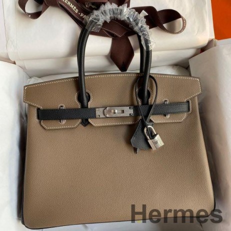 Hermes HSS Birkin 30 Bicolor Bag in Taupe and Black Epsom Calfskin