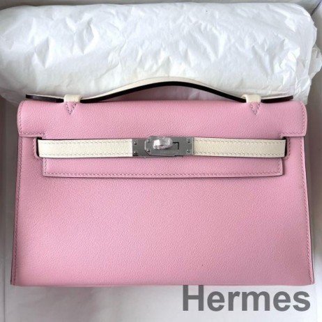 Hermes HSS Kelly Pochette Bicolor Bag in Pink and Craie Swift Calfskin