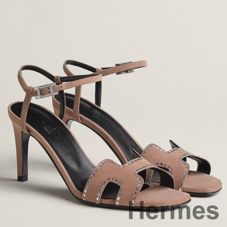 Hermes Heden 80 Sandals in Beige Suede Leather with Rhinestone