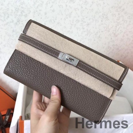 Hermes Kelly Classic Long Wallet In Etoupe Clemence Leather