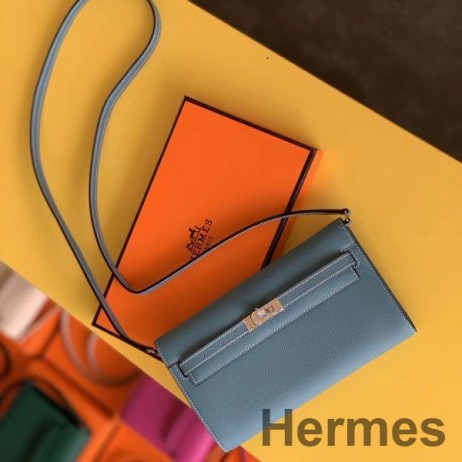 Hermes Kelly Classique To Go Wallet In Blue Jean Epsom Calfskin