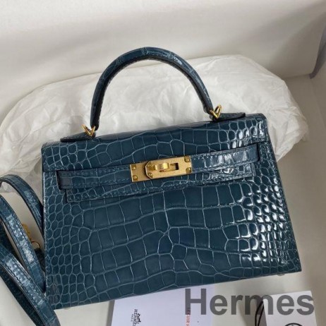 Hermes Kelly Mini II Sellier Handmade Bag In Blue Jean Shiny Alligator Leather