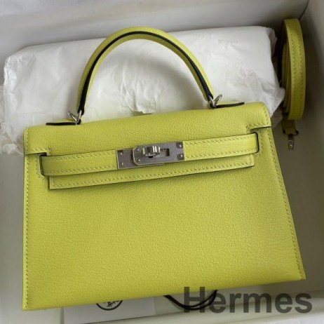 Hermes Kelly Mini II Sellier Handmade Bag In Jaune Bourgeon Chevre Mysore Leather