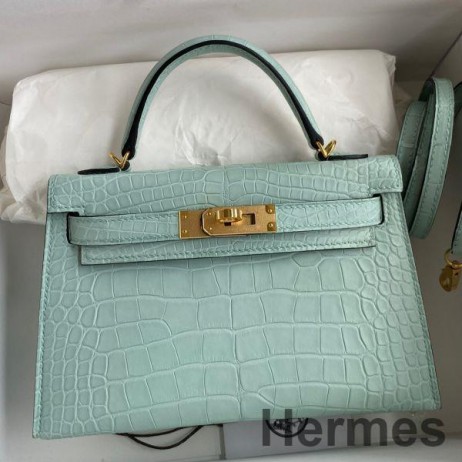 Hermes Kelly Mini II Sellier Handmade Bag In Vert D'eau Matte Alligator Leather