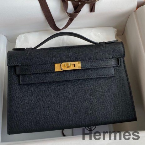 Hermes Kelly Pochette Handmade Bag In Black Epsom Calfskin