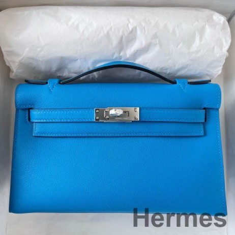 Hermes Kelly Pochette Handmade Bag In Blue Frida Swift Calfskin