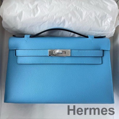 Hermes Kelly Pochette Handmade Bag In Blue du Nord Epsom Calfskin