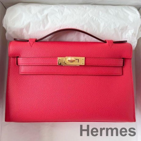 Hermes Kelly Pochette Handmade Bag In Rose Japour Epsom Calfskin