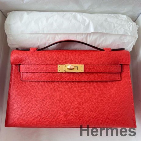 Hermes Kelly Pochette Handmade Bag In Rouge Piment Epsom Calfskin
