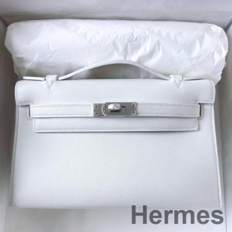 Hermes Kelly Pochette Handmade Bag In White Swift Calfskin