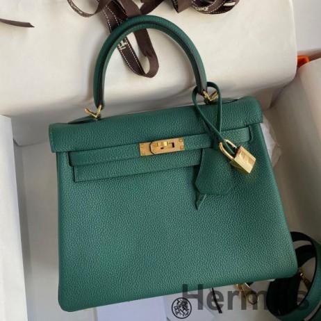 Hermes Kelly Retourne 25 Handmade Bag In Blue Paon Clemence Leather