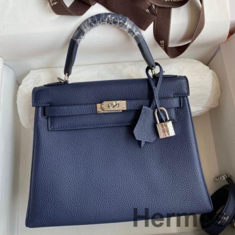 Hermes Kelly Retourne 25 Handmade Bag In Blue Saphir Clemence Leather