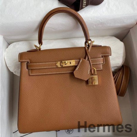 Hermes Kelly Retourne 25 Handmade Bag In Gold Clemence Leather