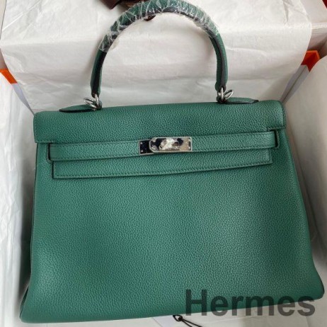 Hermes Kelly Retourne 32 Handmade Bag In Malachite Clemence Leather