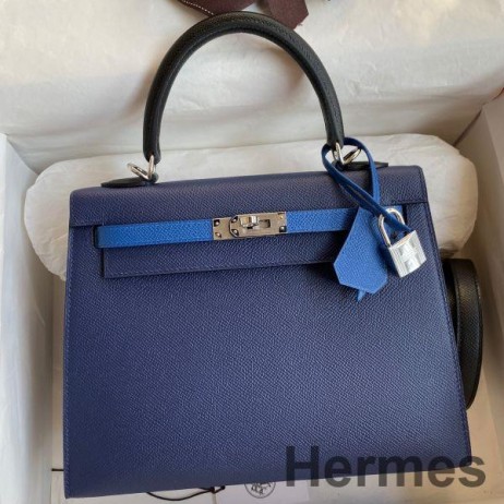 Hermes Kelly Sellier 25 Bicolor Bag in Blue Saphir and Blue France Epsom Calfskin