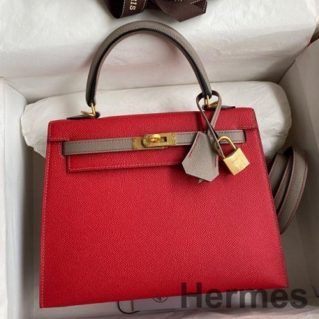 Hermes Kelly Sellier 25 Bicolor Bag in Red and Etain Epsom Calfskin