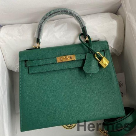 Hermes Kelly Sellier 25 Handmade Bag In Malachite Epsom Calfskin