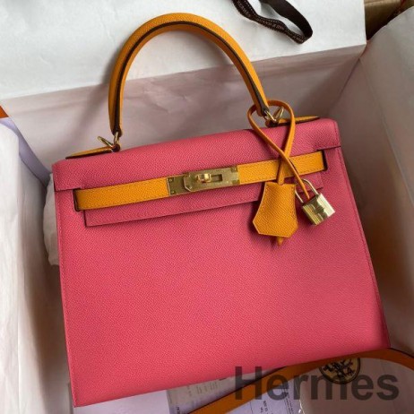 Hermes Kelly Sellier 28 Bicolor Bag in Rose Lipstick and Yellow Epsom Calfskin
