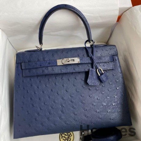 Hermes Kelly Sellier 32 Handmade Bag In Blue Iris Ostrich Leather