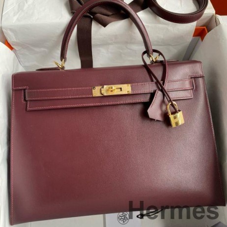 Hermes Kelly Sellier 35 Handmade Bag In Bordeaux Box Calfskin