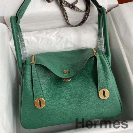 Hermes Lindy 30 Handmade Bag In Malachite Clemence Leather