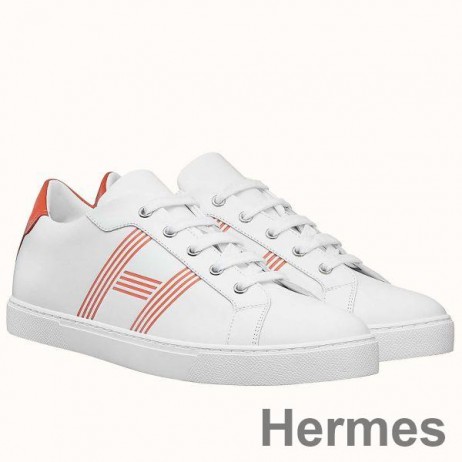 Hermes Men's Avantage Sneakers In White/Orange Calfskin