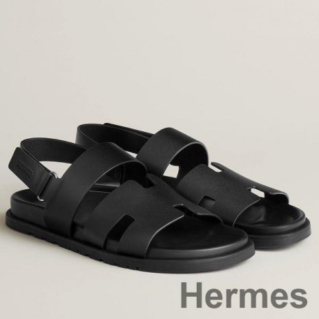 Hermes Men's Genius Sandals In Black Calfskin