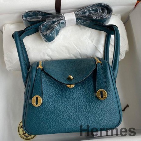 Hermes Mini Lindy Handmade Bag In Vert Bosphore Clemence Leather