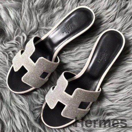 Hermes Oasis Sandals In White Suede with Rhinestone