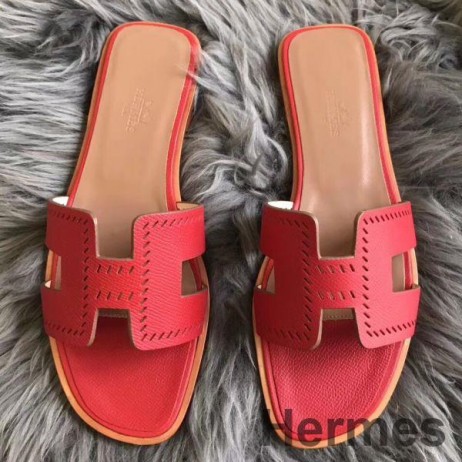 Hermes Oran Perforated Sandals In Red Epsom Leather