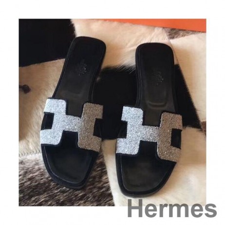 Hermes Oran Sandals In Black Suede With Crystal