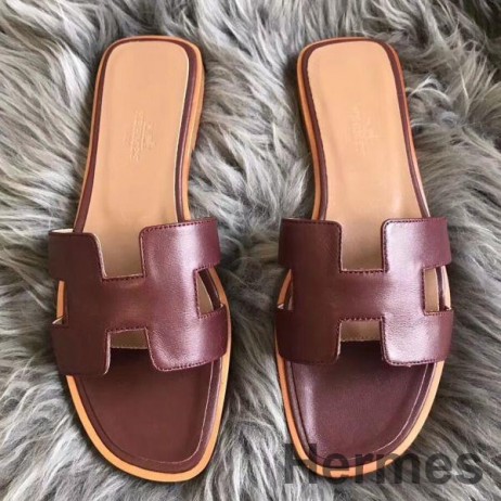 Hermes Oran Sandals In Bordeaux Swift Leather