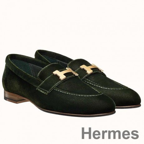 Hermes Paris Loafers In Dark Green Velvet
