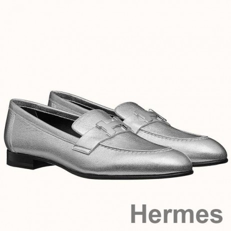 Hermes Paris Loafers In Silver Metallic Goatskin