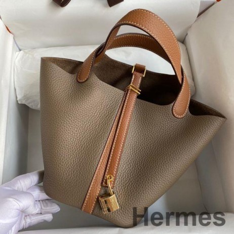 Hermes Picotin Lock 18 Bicolor Handmade Bag in Taupe and Gold Clemence Leather