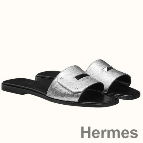 Hermes View Sandals In Silver Epsom Leather