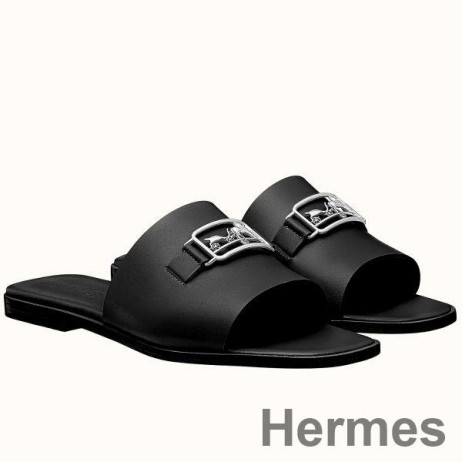 Hermes Villa Sandals In Black Calfskin